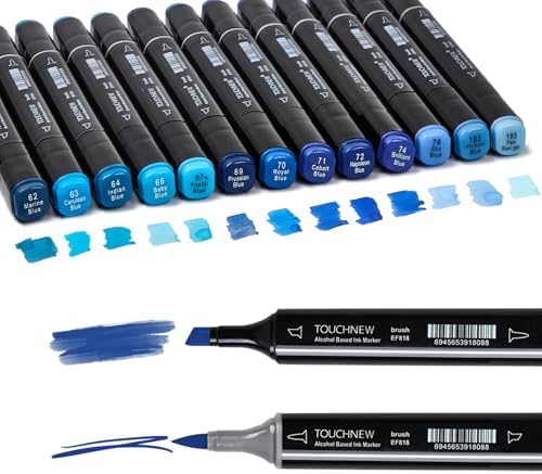 13Pcs Alcohol Markers Pure Color Series,Black Pen Barrel Dual Tip Soft Art Solid Color Markers Set for Adults Beginner Drawing Sketching(Blue)