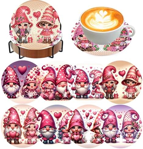 8 Pcs Valentine Diamond Art Coasters Kit for Adults with Holder 4x4in