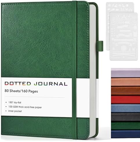 Dotted Journal Notebook, A5 Leather Hardcover, 160 Pages, 180° Lay-Flat Binding, 100 GSM Thick Paper, Dot Grid for Bullet Journaling, Planning & Daily Organization (Green)