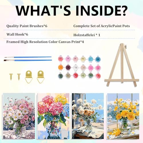 4 Pack Flowers Framed Paint by Numbers Kit for Adults, 10x12 inch