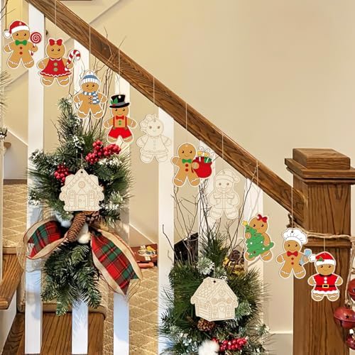 80PCS Wooden Christmas Ornaments to Paint, 8 Styles DIY Blank Unfinished Wood Gingerbread Man Cutouts Ornament for Crafts Winter Hanging Decorations