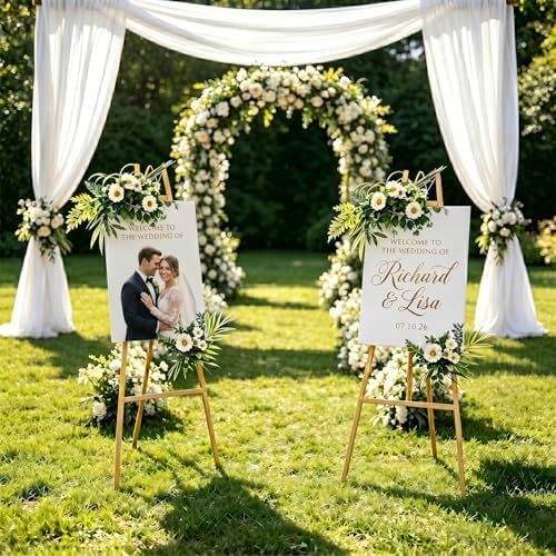 GRENTY 2 Pack Gold Easel Stand for Wedding Signs – No Assembly Needed, Heavy Duty Metal Display Stand for Art, Welcome Signs, Posters, Pictures, Paintings, and Floor Décor