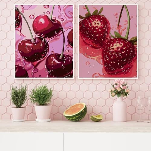 AIBOERL 2 Pack Diamond Art Kits for Adults,Retro Cherry Diamond Painting | Round Drill Fruit Diamond Painting for Beginners DIY Rhinestone 5D Diamond dots(Gemstone Craft)Wall Art Gift 12x16IN