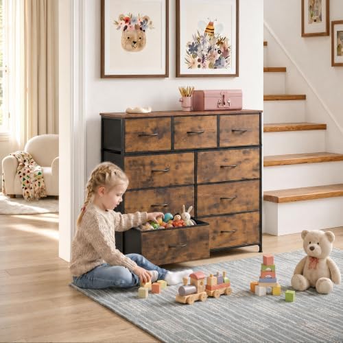 WLIVE Tall Dresser for Bedroom, 9 Drawer Chest of Drawers, Rustic Brown | 9 roomy fabric drawers, Tall storage design, Bedroom or closet use, Sturdy steel frame, Smooth wood tabletop