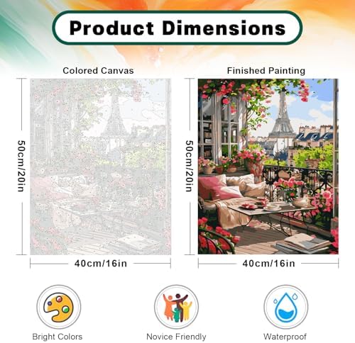 Possoco Paint by Numbers Kit for Adults Beginner, Eiffel Tower Landscape Adult Paint by Number Kits on Canvas, DIY Acrylic Watercolor Oil Paint by Number for Adults for Home Decor Gift 16x20 Inch