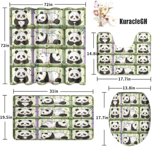 Funny Cartoon Baby Panda 4 Piece Shower Curtain Sets,Abstract Cute Panda Bears Non-Slip Rugs,Toilet Lid Cover and Bath Mat,Spring Forest Japanese Bamboo Print Bathroom Decor Set