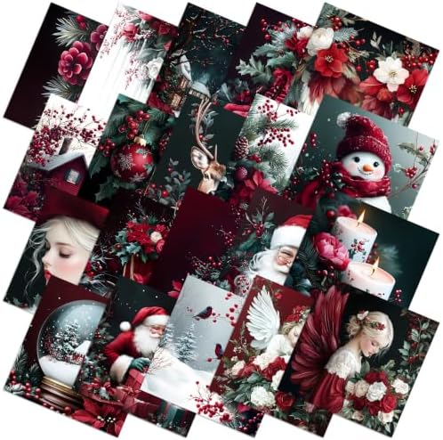 HunnmingRe 20 Pcs 10''x10'' Burgundy Christmas Quilting Fabric Square Gothic Precuts Quilted Fabric Bundle Santa Angel Printed Sewing Material for Winter Patchwork Scrapbook Junk Journal DIY Craft