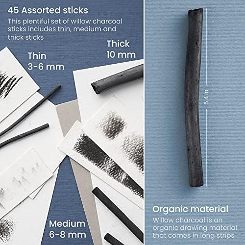 ARTEZA Willow Charcoal Sticks, Set of 45, Assorted Thin, Medium, and Thick Sketching Charcoal