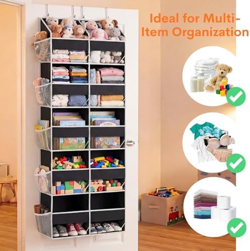 Over the Door Organizer 5 Tiers, Extra Large Behind Door Storage of 10 Compartments, 80 lbs Weight Capacity Hanging Storage Organizer with Clear Window Kids Toys, Shoes, Diapers, Room storage