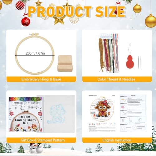 Christmas Highland Cow Embroidery Kit for Beginners Adults Easy Embroidery Starter Kit Highland Cow Christmas Hat Cross Stitch Kits Embroiderys Hoop Needlepoint Kits with Instruction Needles Thread