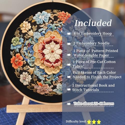 FONNUY Floral Embroidery Kit, Cross Stitch Kits for Beginners, Handmade Crafts with Printed Patterns for Beginner Adults, Easy to Follow Color Thread Needlework, 8'' Hoop (Wildfire of Blossoms)