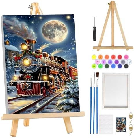 MOGTAA Christmas Paint by Numbers Kit for Adults Beginners with Frame, Christmas Train Adult Paint by Number Kits on Canvas with Easel, Easy DIY Winter Oil Painting Kits for Home Decor, 8x12in
