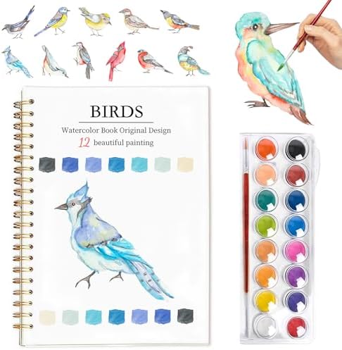 Easy Watercolor Workbook for Beginners - 12 Beautiful Step-by-Step Paintings Water Coloring Book, Includes 16 Colors Paints, Relaxing Art Projects and Creative Gift for Adults & Teen (Birds)
