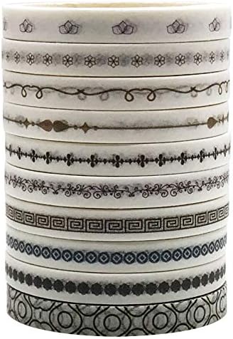 Vintage Pattern 5mm Wide Skinny Washi Tape Set, 10 Rolls Minimalist Japanese Masking Decorative Tapes for Bullet Journal Planners DIY Decor Crafts Arts Scrapbooking Adhesive