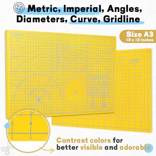Self Healing Cutting Mat 18" x 12", A3 Double-Sided for Sewing & Quilting | Non-slip, 5-Ply Rotary Cutting Mat for Crafts Cutting Fabric Scrapbooking, and Small Modeling Projects, Lemon Yellow