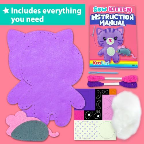 KRAFUN Beginner Sewing Kit, Sew Kitten & Mouse, Pre-Cut Felt, Kids Ages 5+