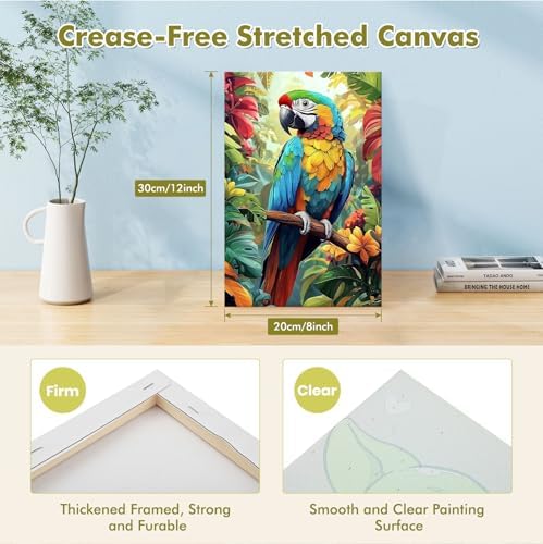 Bowetile Framed Paint by Numbers Parrote for Adults Beginners, Adults' Paint-by-Number Birds Kits, Easy Adult Paint by Number Kits on Canvas, Acrylic Animals Number Painting for Home Decor, 8x12in
