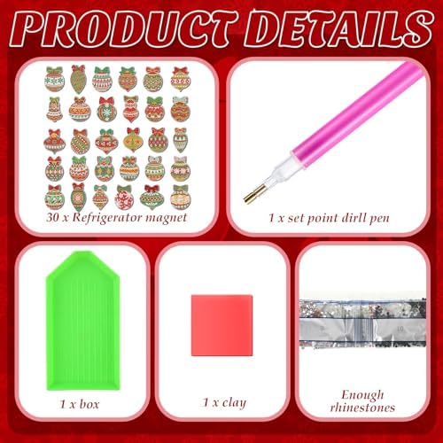 Motipuns 30 Pcs Diamond Magnets,Christmas Ball,Red Green