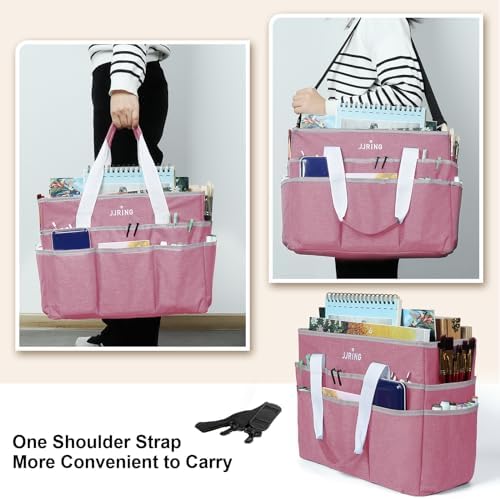 JJRING Craft Organizer Tote Bag Large Art Storage Caddy Pink | With Multiple Pockets For Sewing, Scrapbooking, School, Medical, And Office Supplies