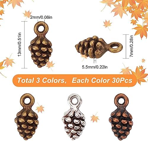 SUNNYCLUE 1 Box 90Pcs 3 Colors Thanksgiving Charms Pine Cone Charms Bulk Tiny Pinecone Fall Autumn Harvest Charm for Jewelry Making Charms DIY Earrings Bracelet Necklace Craft Christmas Party Decor