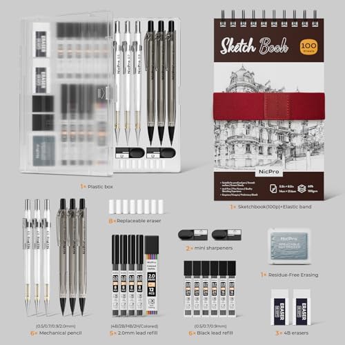 Nicpro 26PCS Art Drawing Supplies Kit, Mechanical Pencils Set 0.5, 0.7, 0.9 & 2mm, 100 Sheets Sketch book, 172PCS Lead Refills, School Supplies Gifts for Artist Adults Teens Girls Boys Sketching