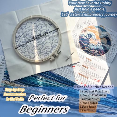 FONNUY Embroidery Kit for Beginners, Stormy Sea Wave Flowers Pre-Stamped Pattern Kits for Adults with Hoop, Easy to Follow Color Thread Needlework, 8'' Hoop (Blue)