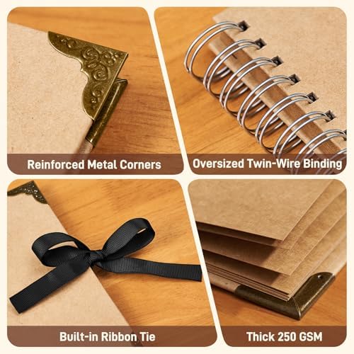 OVESMUSL 10x10 DIY Scrapbook Kit, Brown, 40 Pages | Features 250gsm kraft paper, metal corners, 3D interactive elements, and glue stick. Great for wedding, anniversary, baby.