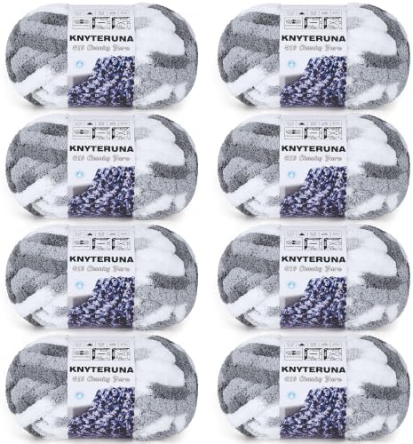 Chunky Yarn for Hand Knitting, #10 Chunky Blanket Chenille Yarn, Large Bulky Thick Jumbo Yarn, Super Chunky Knit Yarn for Crocheting, 8 Skein (8oz,20yds Each Skein), Tie Dye Multi Grey&White