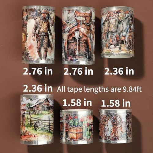 Pre-Cut PET Washi Tape - 6 Rolls, 460 Retro Western Cowboy Designs for Journaling, Scrapbooking Stickers, and DIY Crafts (Transparent, Easy-to-Tear, Durable PET Material)