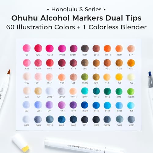 Ohuhu Alcohol Markers 60 Illustration Colors Brush Soft Chisel for Coloring | Dual Tips Art Markers for Artists Adults Coloring Illustration Drawing, AP Certified Refillable Alcohol-based, Honolulu S