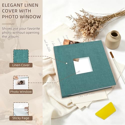 Popotop Photo Album Self Adhesive with Picture Display Window,60 Pages DIY Scrapbooking Supplies Kit for 4x6 10x12 Picture,Linen Cover Memory Book for Baby Wedding, with Scraper and Metallic Pen