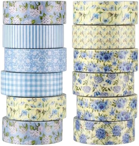 12 Rolls Floral Washi Tape Set, Blue Watercolor Flowers Design for for Journaling, Scrapbooking, DIY Craft, Planners, Gift Wrapping, Back to School Art Supplies
