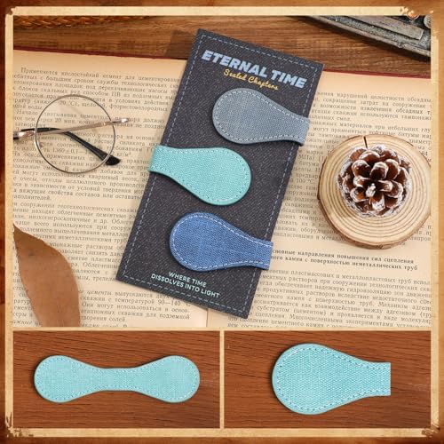 3PCS Vintage Magnetic Leather Bookmark, Leather Magnetic Bookmarks for Women, Magnetic PU Bookmarks Clip Book Accessories, Denim Pattern