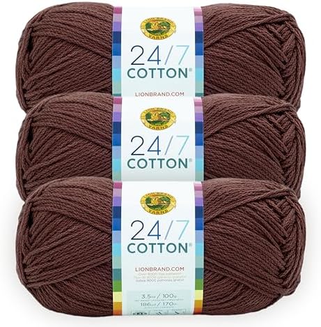 Lion Brand 24/7 Cotton Yarn, Yarn for Knitting, Crocheting, and Crafts, Coffee Beans, 3 Pack