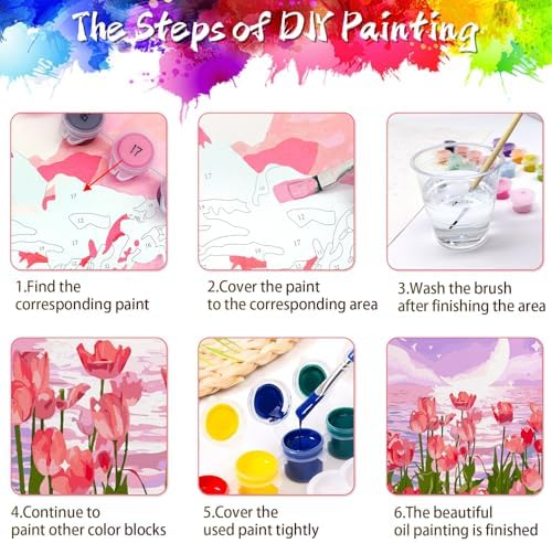 Yunnuo Paint by Numbers Kit for Adults, Tulip Flowers Paint by Number for Beginners, DIY Seaside Scenery Acrylic Number Painting on Canvas, Great Gifts Decor (16 x 20 Inch)