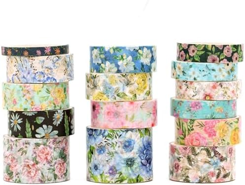 Floral Washi Tape Set - 15 Rolls Flowers Arts Adhesive Tapes Garden Blooms Decorative Masking Tape Sets for Craft, Kids, Scrapbook, DIY, Gift Wrloapping (5-Pastel Garden)