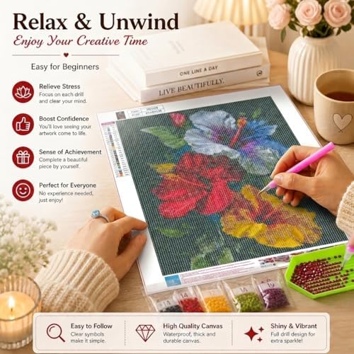 5D Diamond Art Kits for Adults, Hibiscus Flower Diamond Painting Kit