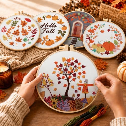 5 Sets Fall Embroidery Kits for Beginners, Autumn Pumpkins and Maple Leaves Embroidery Starter Kit for Adults Thanksgiving Gifts with Stamped Pattern DIY Needlepoint Kit Cross Stitch Set with 2 Hoops