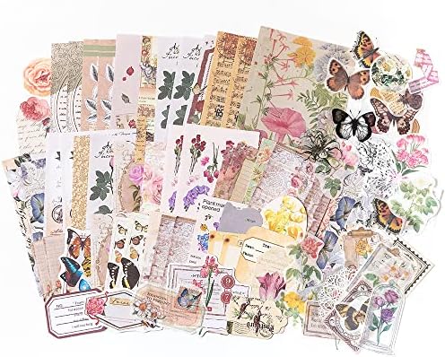 Alideco 260pcs Vintage Scrapbook Stickers Scrapbooking Paper Washi Junk Journaling Supplies Collage Album Aesthetic Cottagecore Picture Frames(Flowers Butterfly)