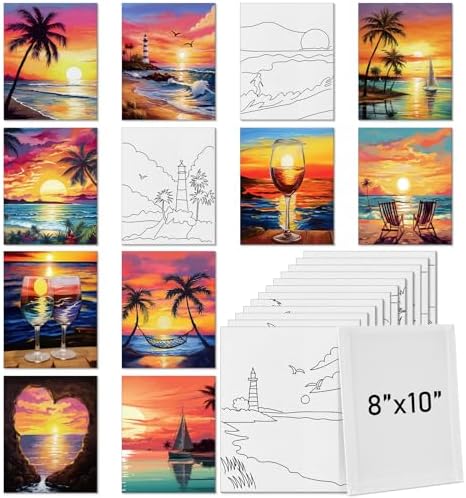 Tinlade 12 Pcs Pre Drawn Canvas for Painting Stretched,Sea Sunset