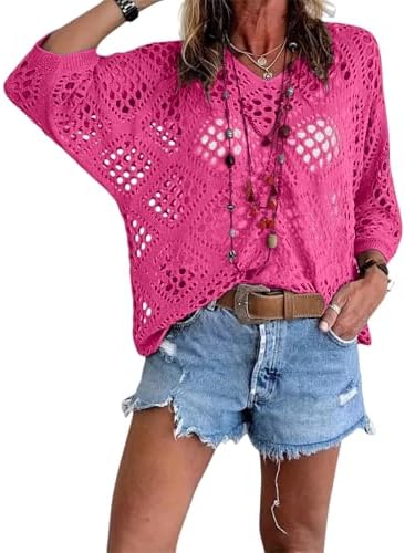 Bohemian Crochet Tops for Women 3/4 Sleeve V-Neck Open Knit Pullover Beach Cover Ups Hollow Out Boho Vacation Blouse