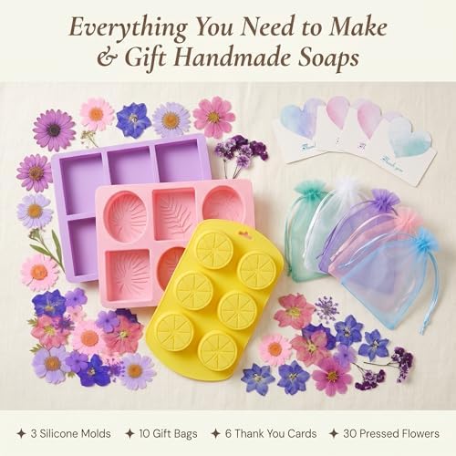 GLYNORKS Silicone Soap Molds for Soap Making, 20pcs Soap Molds Kit with Rectangle, Lemon & Leaf Designs, 10 Gift Bags, 6 Cards & 30 Dried Flowers, DIY Soap Making Supplies Kit for Adults