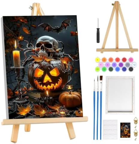 MOGTAA Halloween Paint by Numbers Kit for Adults Beginners with Frame, Skull Adult Paint by Number Kits on Canvas with Easel, Easy DIY Pumpkin Oil Painting Kits for Home Decor, 8x12in