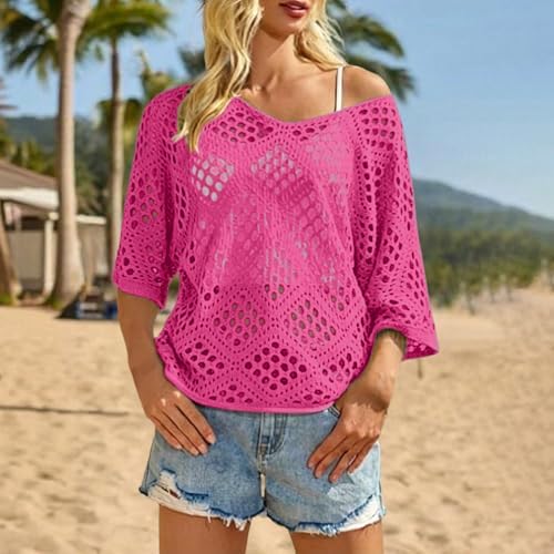 Bohemian Crochet Tops for Women 3/4 Sleeve V-Neck Open Knit Pullover Beach Cover Ups Hollow Out Boho Vacation Blouse