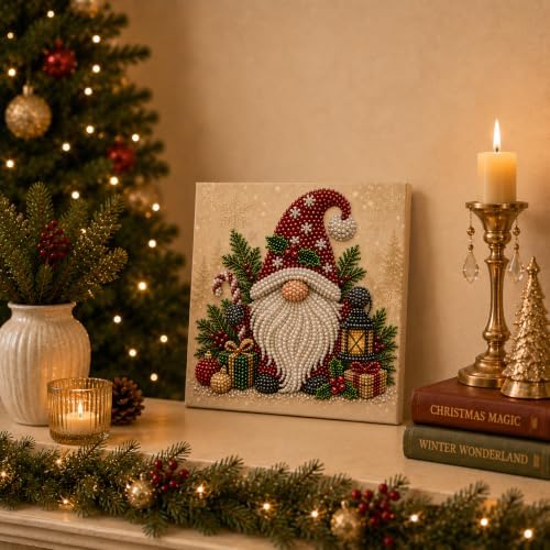 LJSCQF DIY Christmas Pearl Diamond Painting Art Kit with Frame, Home Wall Decor Art Craft Kit, Holiday Christmas Wall Decor, Handmade Home Decoration Gift (Gnome, 12x12in)