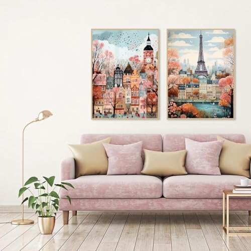 Clendo 4 Packs City Scene Paint by Numbers Kits for Adults, DIY Paris Street Adult Paint by Number Kits on Canvas, Easy Acrylic Painting Kits for Home Decor 12x16 Inch(Without Frame)