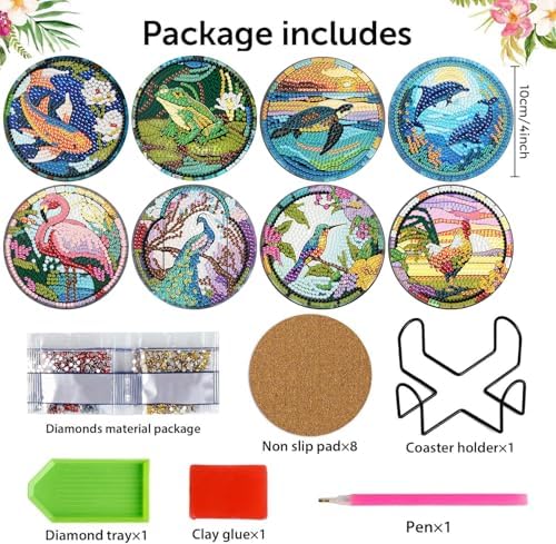 Meothan 8 Pcs Animals Diamond Art Coasters Kit for Adults with Holder 4x4in