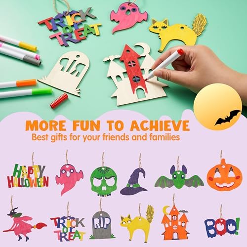 JOYIN 36 Pcs Halloween Craft Wooden Painting Kit, Halloween Party Supplies, Party Favors for Kids, Wood Blank Cutouts Ornaments, Gift Tags Decor for School Art DIY Activities Goodies Games(Age 8+)
