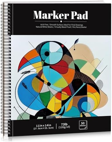 11×14 Marker Paper Pad, 50 Sheets, Bleedproof Spiral Sketchbook | 120gsm Acid-Free Paper, Smooth for Alcohol Markers, Pencils & Acrylics, Tear-Off Pages, Lays Flat for Sketching