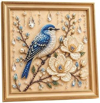 Pearl Art Kits for Adults Bird Flower DIY Beaded Embroidery Kits with Crystal Rhinestones Pearl Painting Craft Kit with Pre-Printed Canvas Handmade Home Wall Decor Gift (Blue Bird)